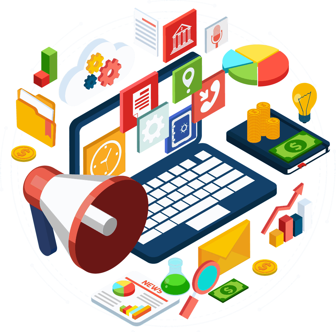 Digital marketing illustration — laptop, megaphone, analytics and growth